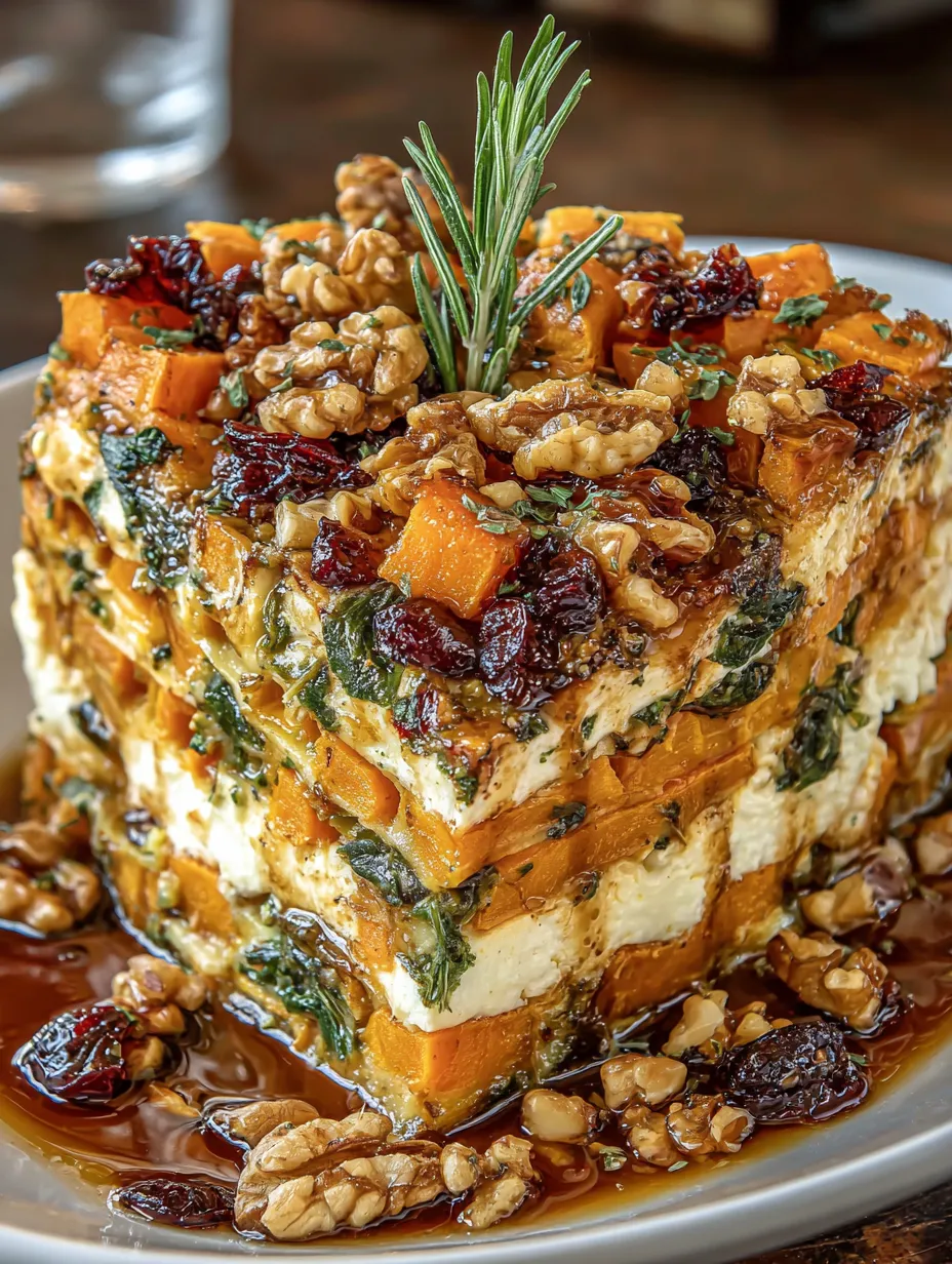 A dish of layered sweet potato, butternut squash, carrot lasagna with feta, walnuts, and cranberry-honey glaze.