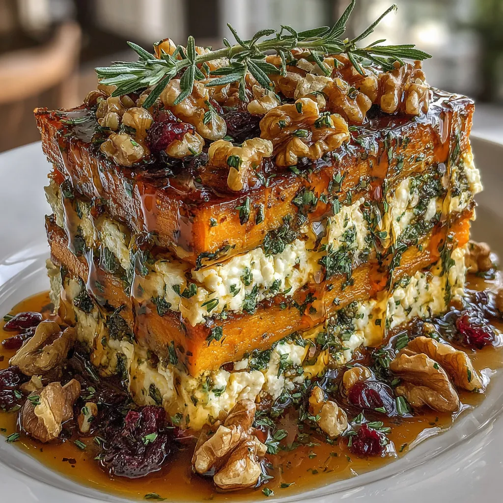 A layered sweet potato, butternut squash, carrot lasagna with feta, walnuts, and cranberry-honey glaze.