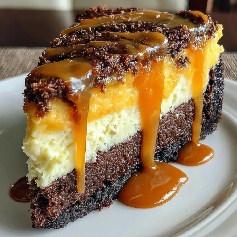 A slice of caramel brownie cheesecake bliss.