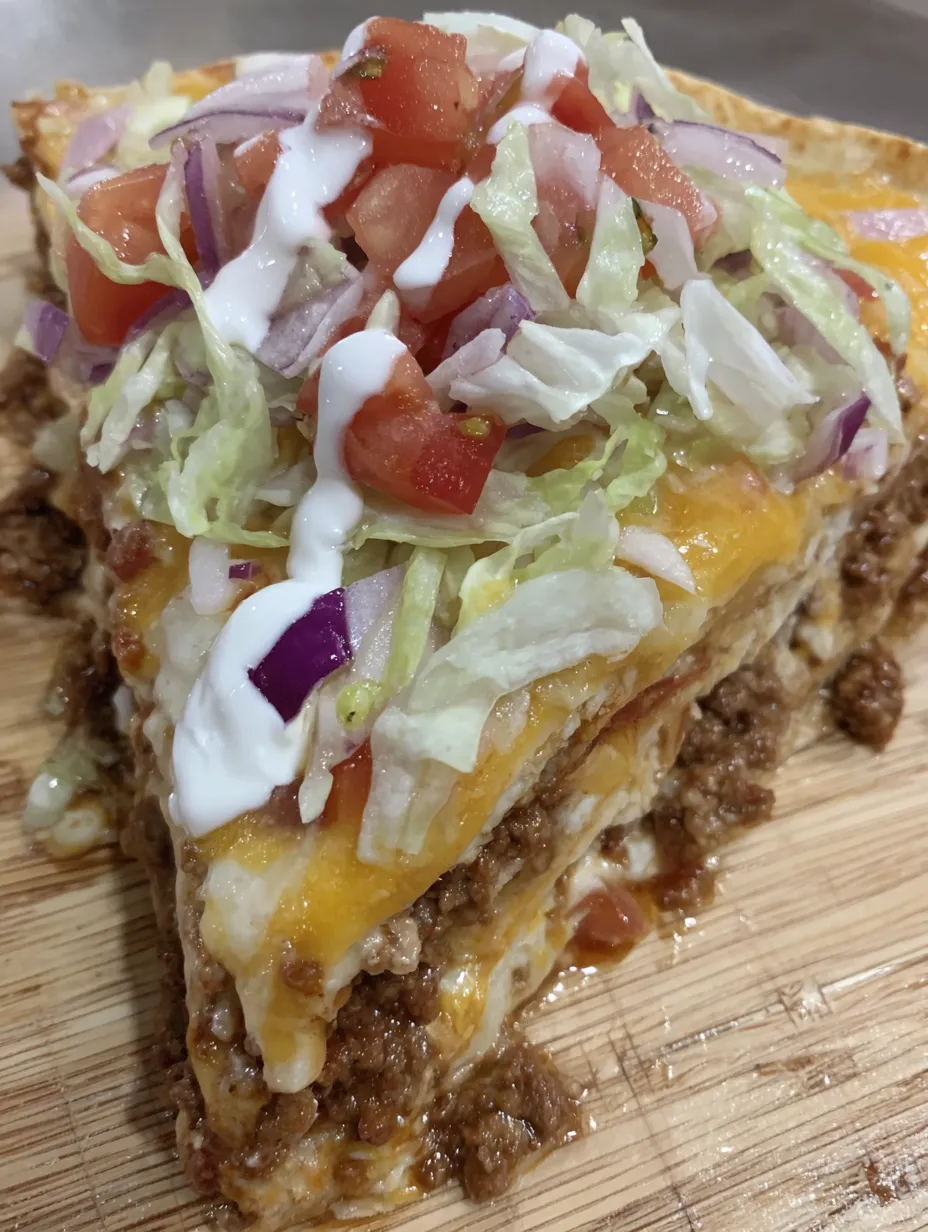 A slice of a casserole with lettuce and tomatoes on top.