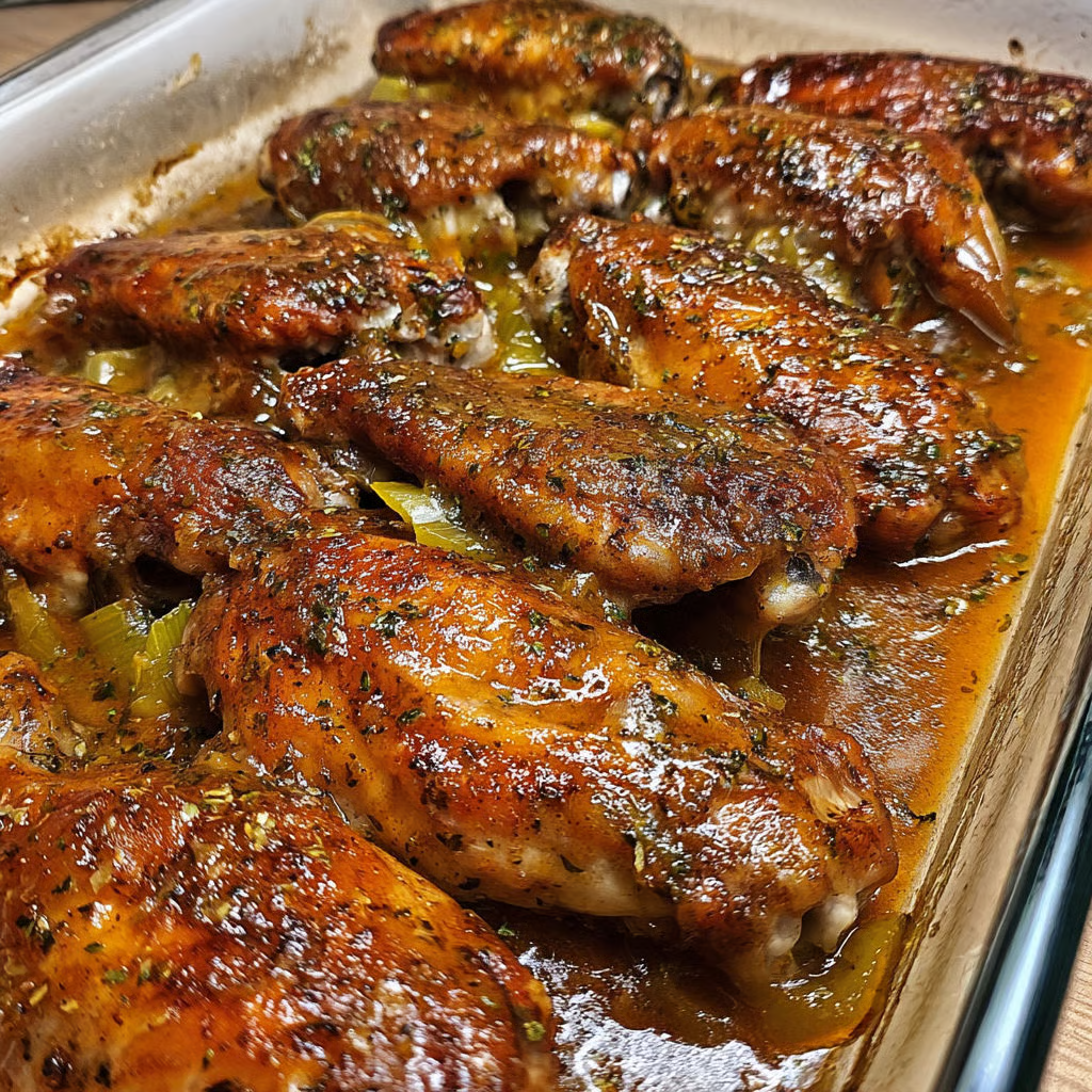 A pan of smothered turkey wings with gravy.