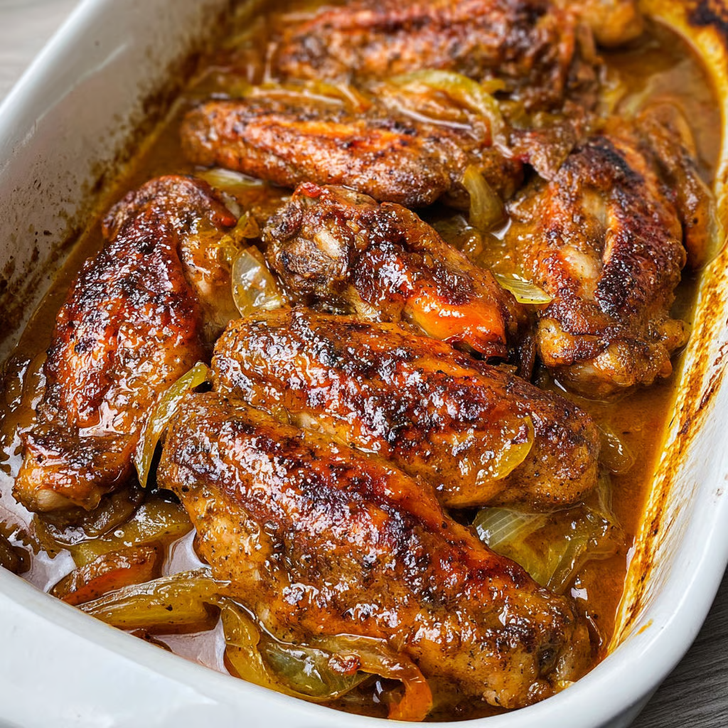 A pan of smothered turkey wings with gravy.