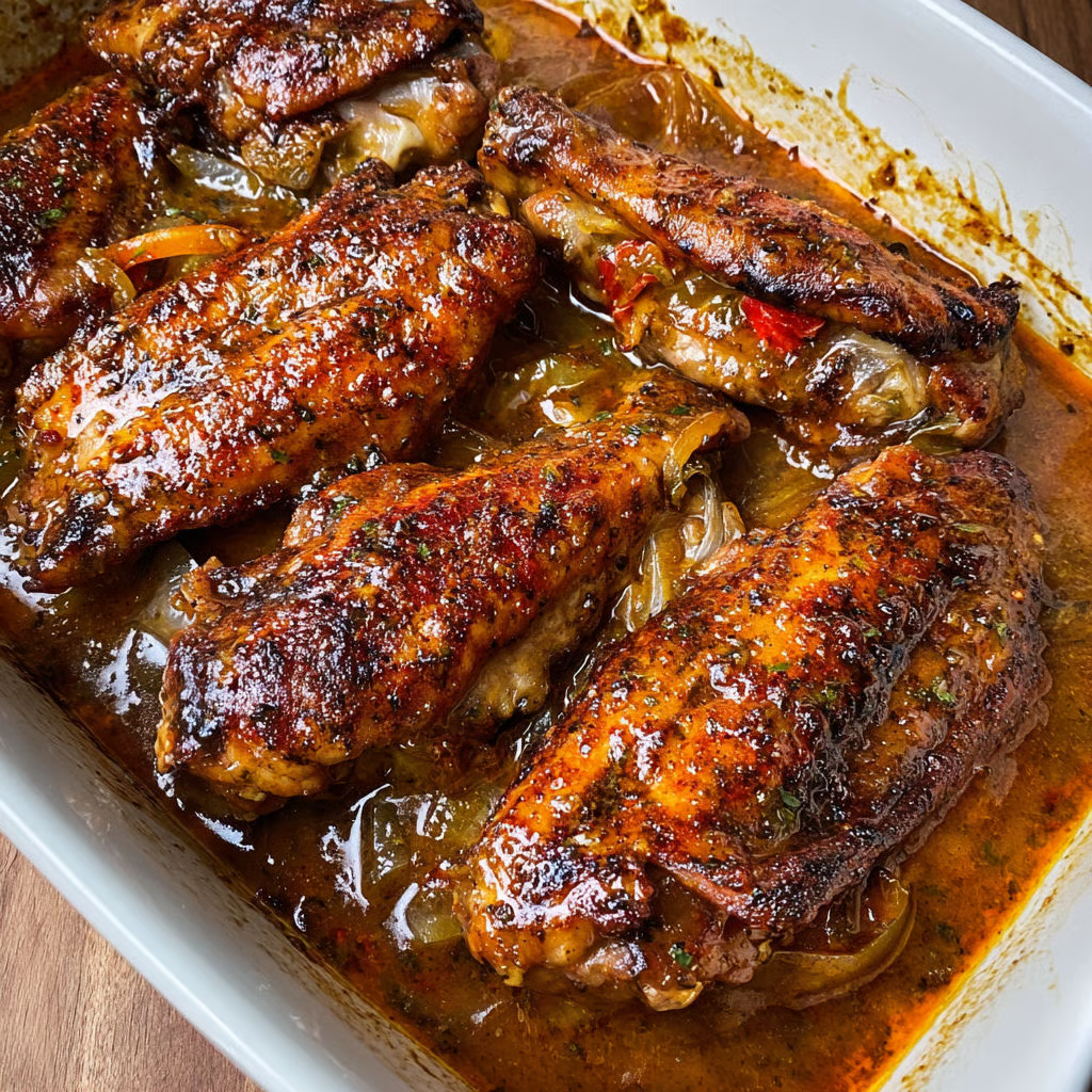 A pan of smothered turkey wings in gravy.