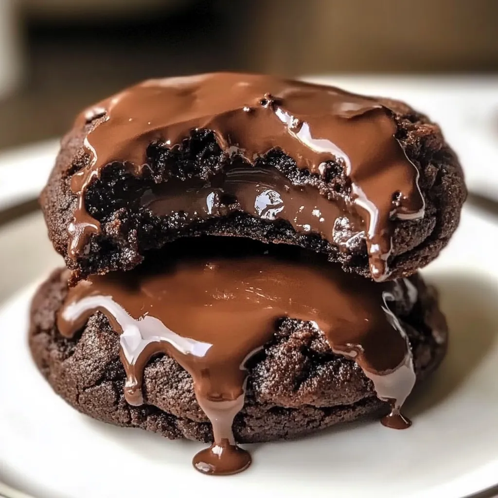 Two chocolate cookies with chocolate drizzle.