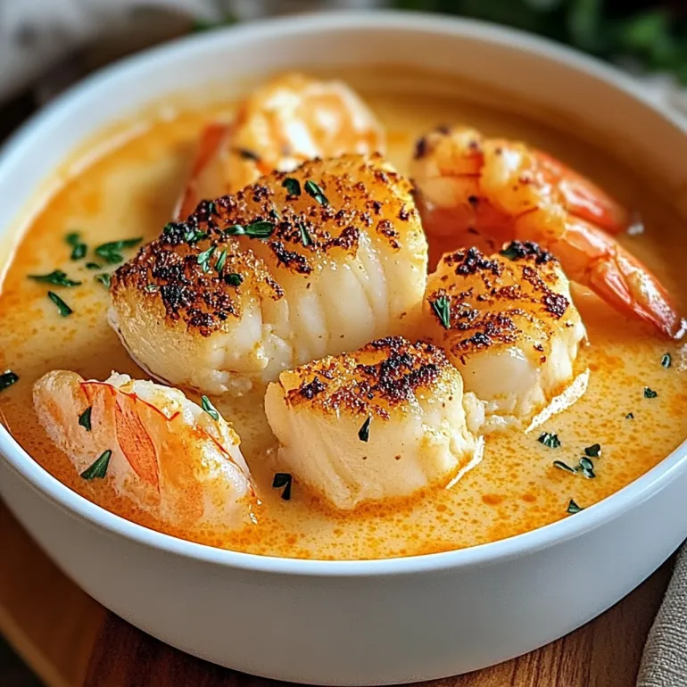 A bowl of seafood bisque with crab, shrimp, and lobster.