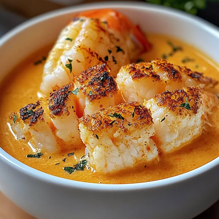 A bowl of seafood bisque with crab, shrimp, and lobster.