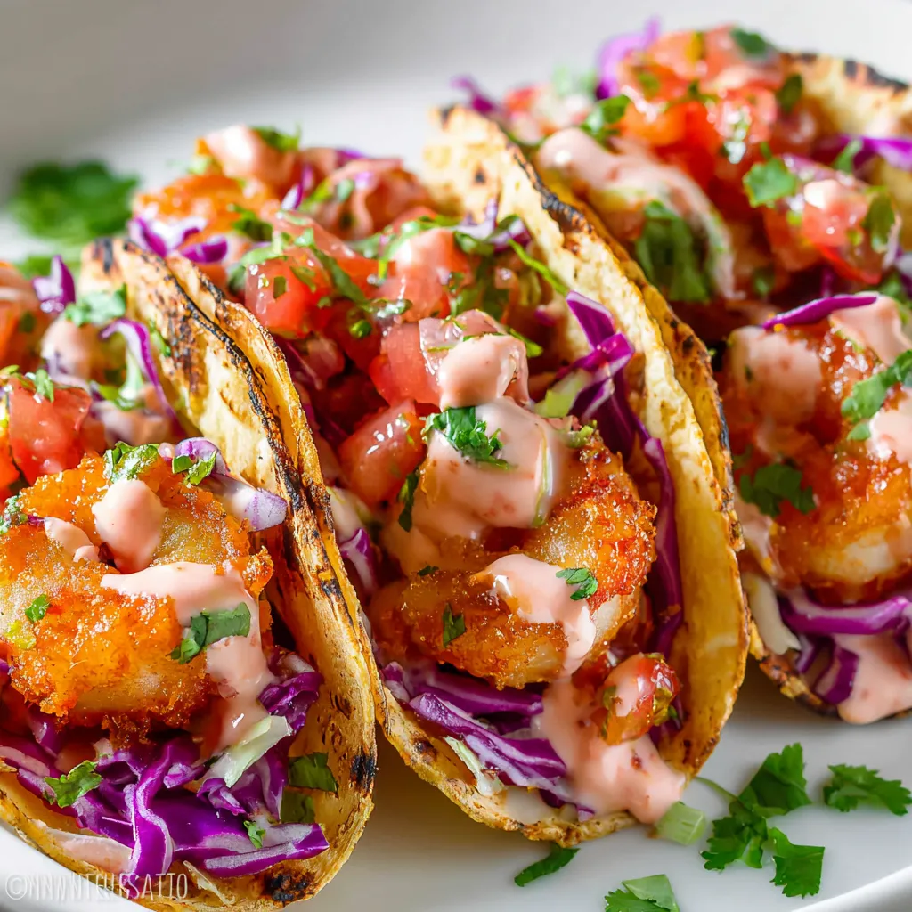 Shrimp tacos on a white plate.