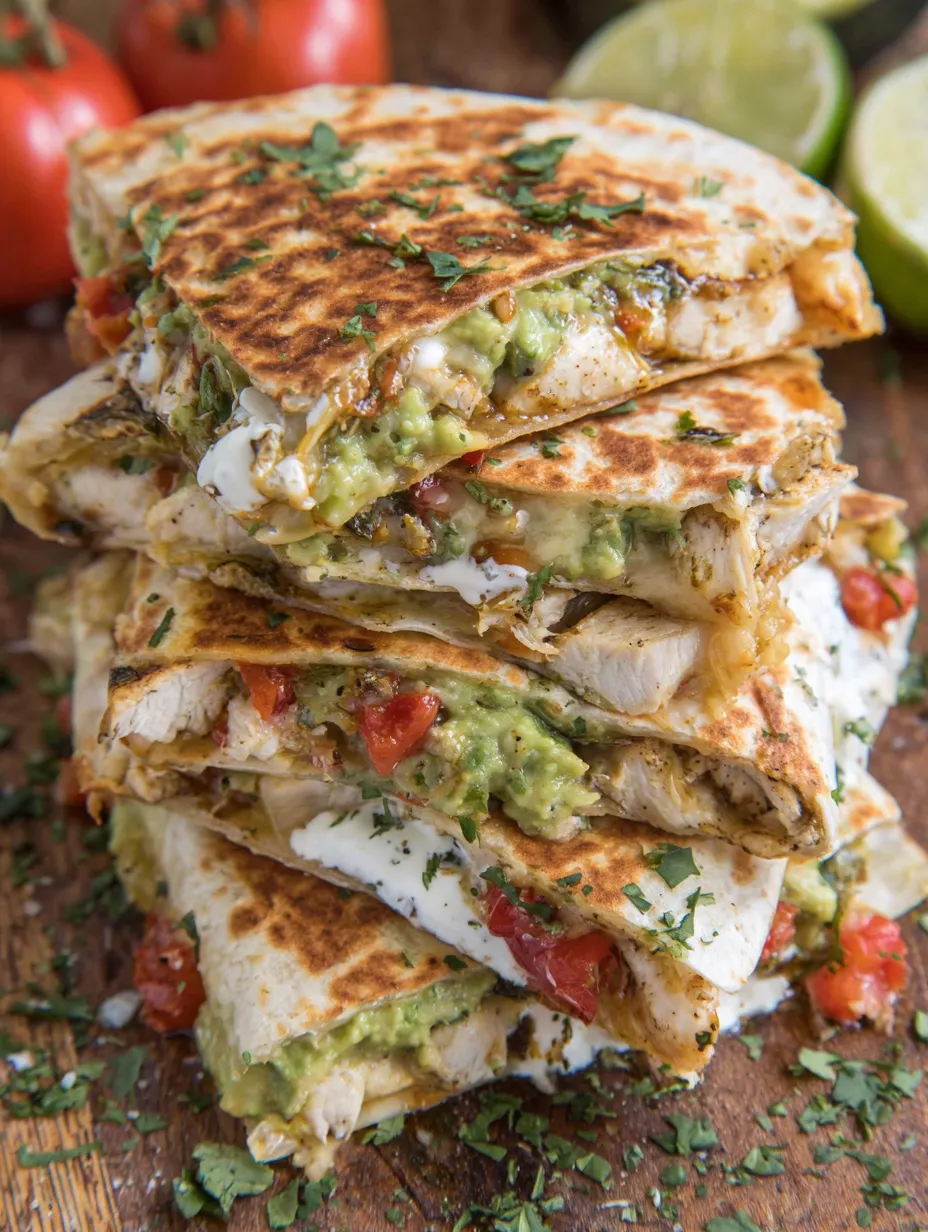 A stack of chicken avocado quesadillas.