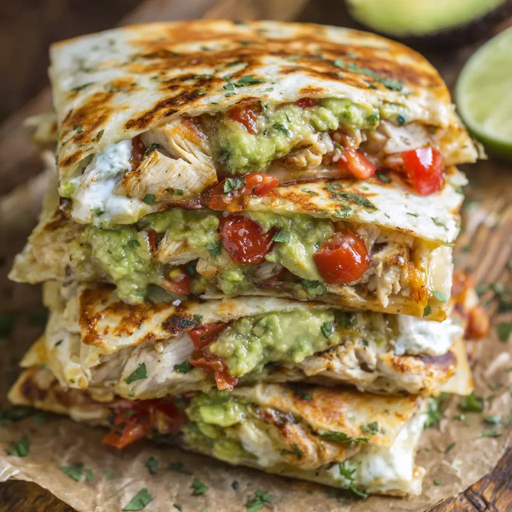 A stack of chicken avocado quesadillas.