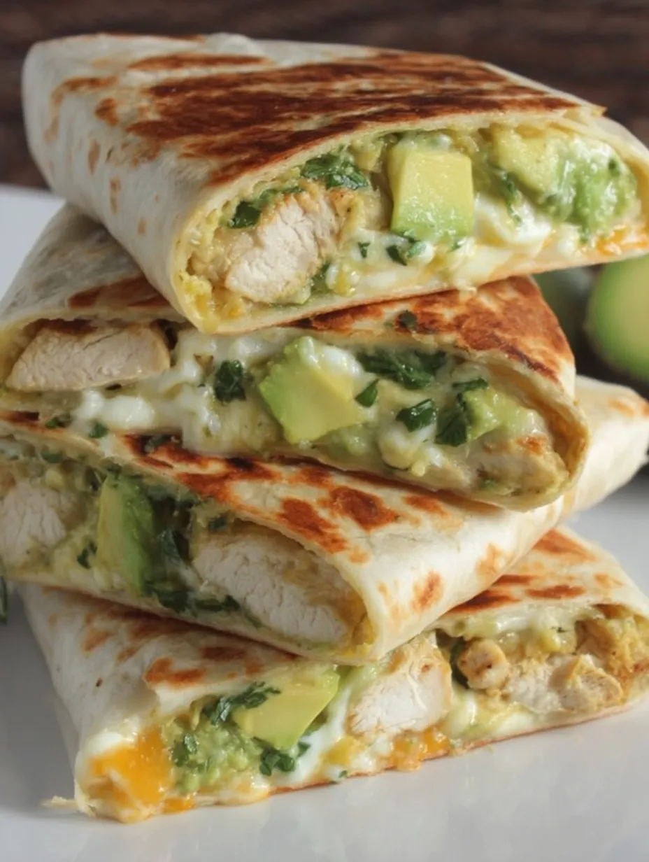 A stack of chicken burritos with avocado and cheese.