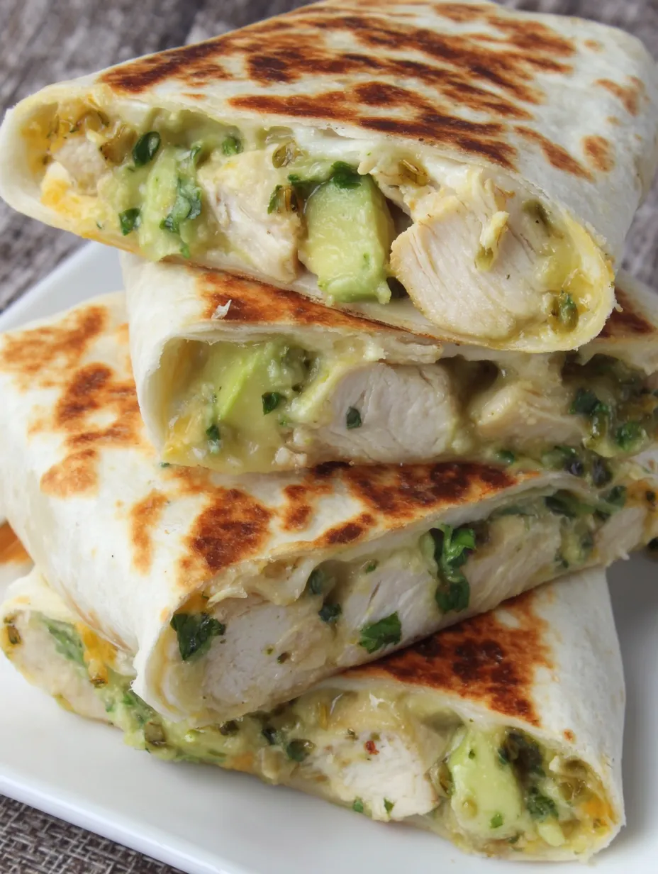 A stack of chicken burritos with avocado and cheese.
