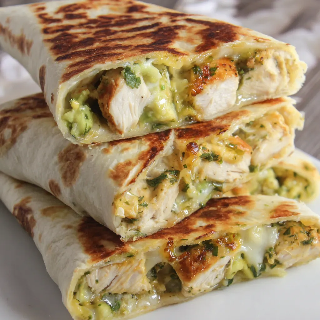 A stack of chicken burritos with cheese and guacamole.