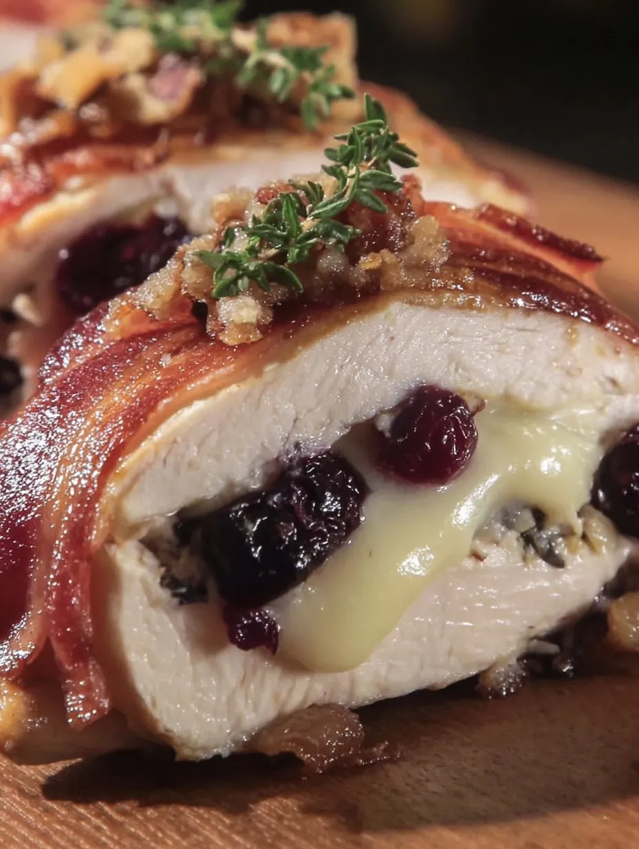 Bacon wrapped chicken with cranberry and brie stuffing.