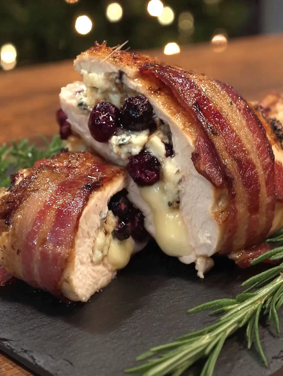 Bacon wrapped chicken with cranberry and brie stuffing.