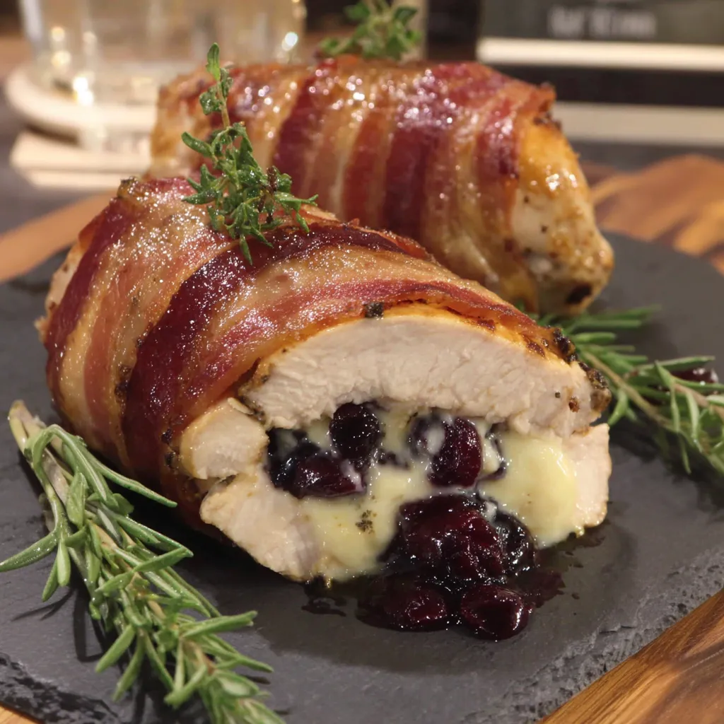 Bacon wrapped chicken with cranberry and brie stuffing.