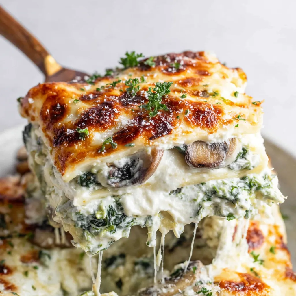 A slice of spinach and mushroom lasagna.