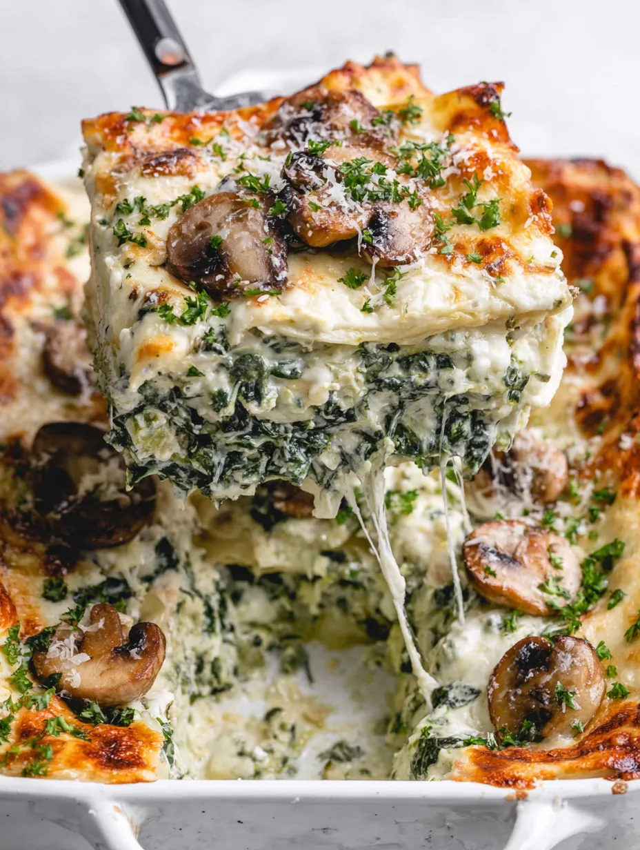 A slice of spinach and mushroom lasagna.