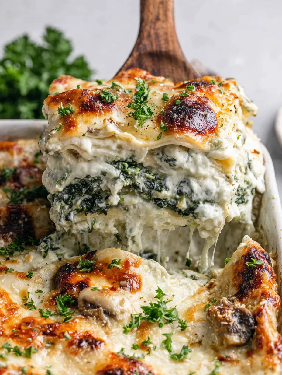 A close up of a spinach and mushroom lasagna.