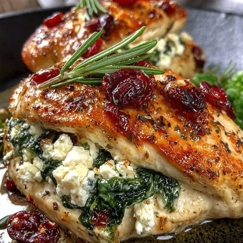 Chicken breasts stuffed with spinach and cranberries.