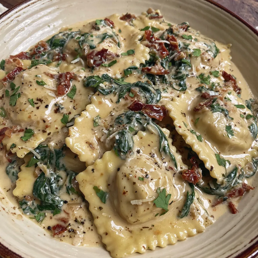 A bowl of creamy Tuscan ravioli.