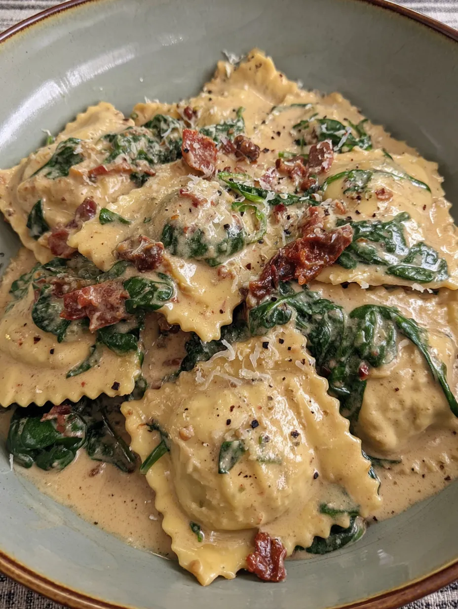 A bowl of creamy Tuscan ravioli.