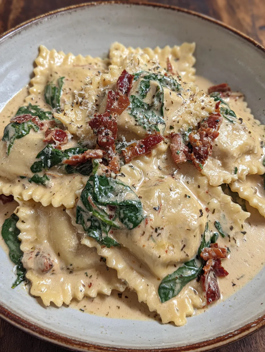 A plate of creamy Tuscan ravioli.