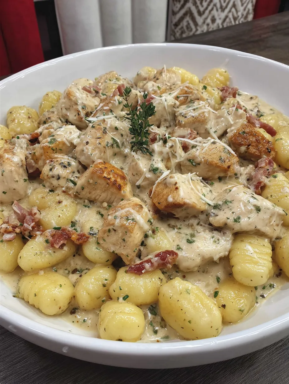 A bowl of creamy chicken and gnocchi.