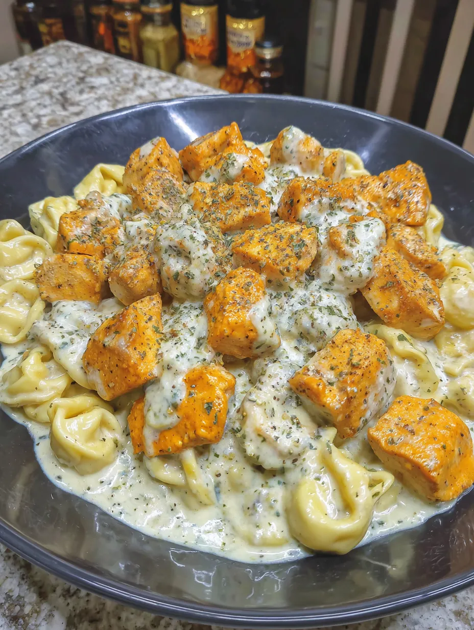 A plate of food with a buffalo chicken tortellini alfredo.