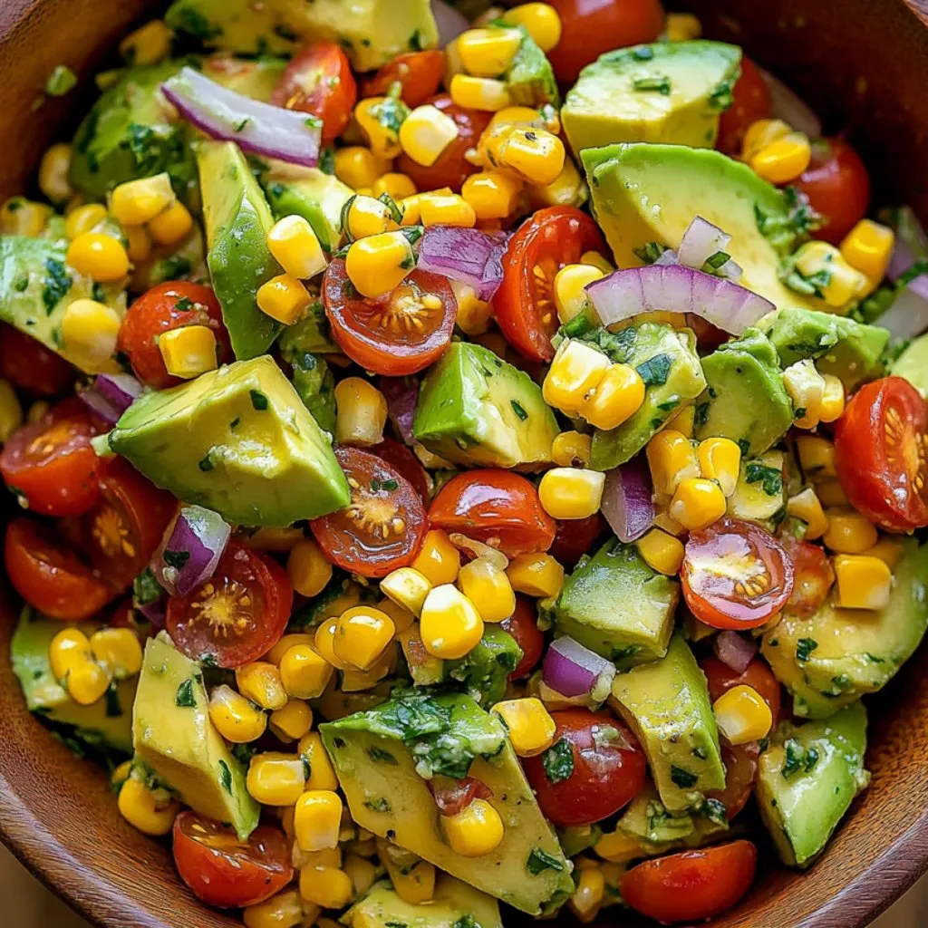 A bowl of avocado, tomato, and corn salad.
