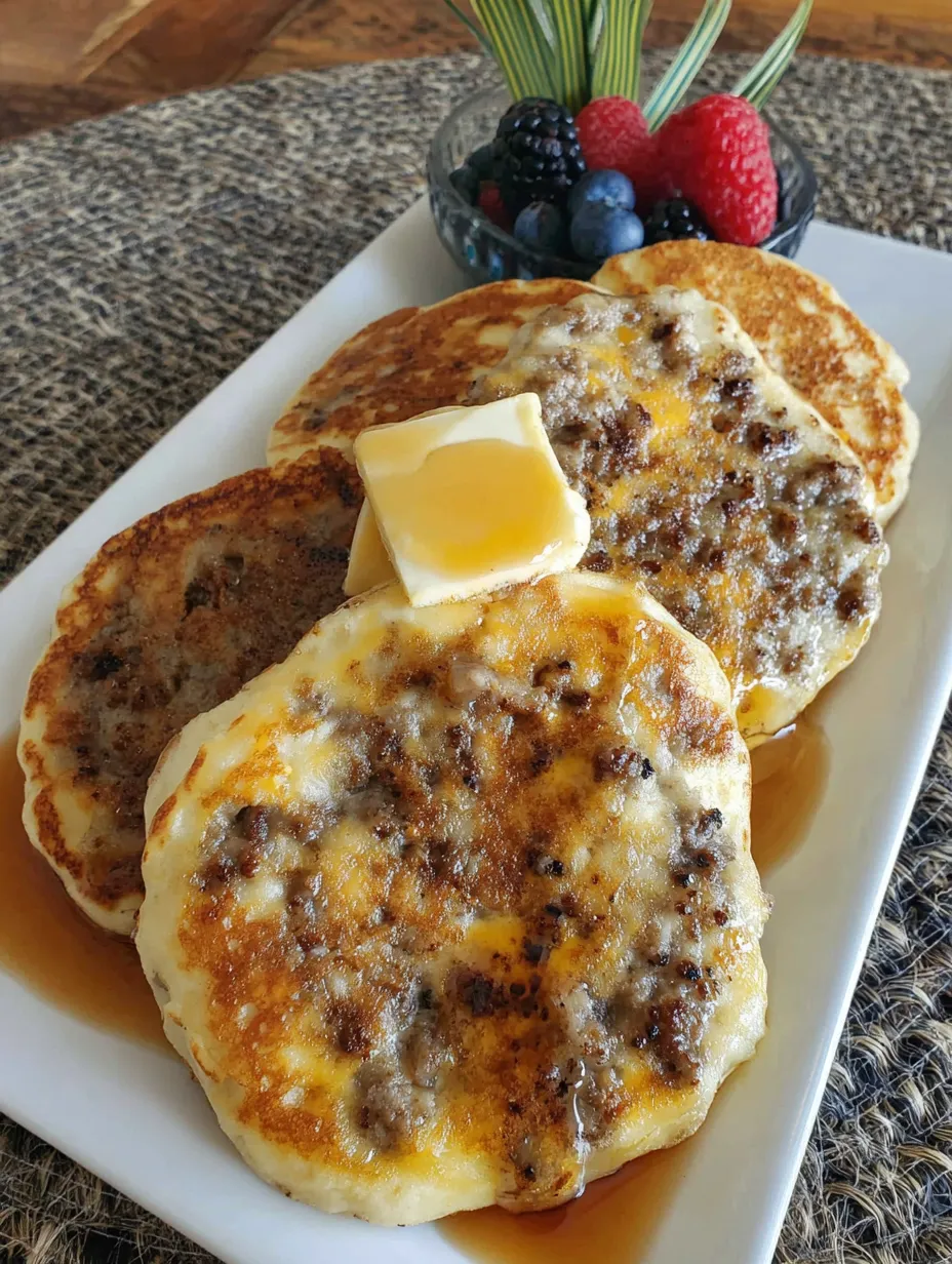 Sausage and cheese pancakes on a white plate.