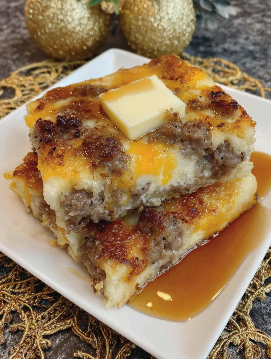 A stack of sausage and cheese pancakes.