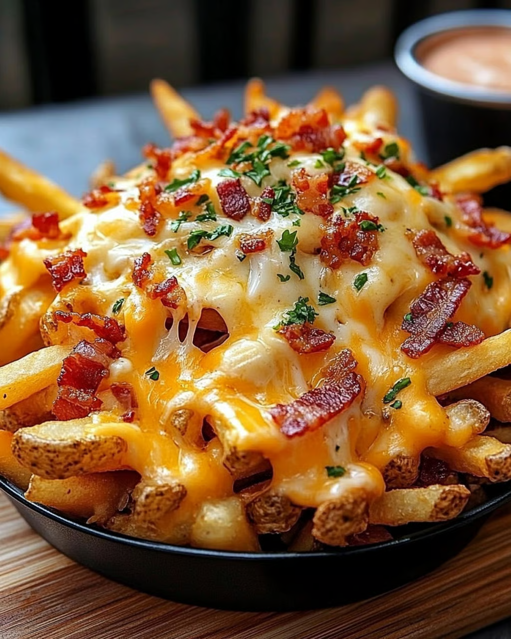 A plate of loaded bacon cheese fries.