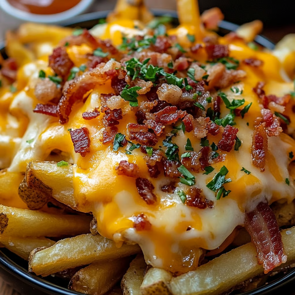 A plate of loaded bacon cheese fries.