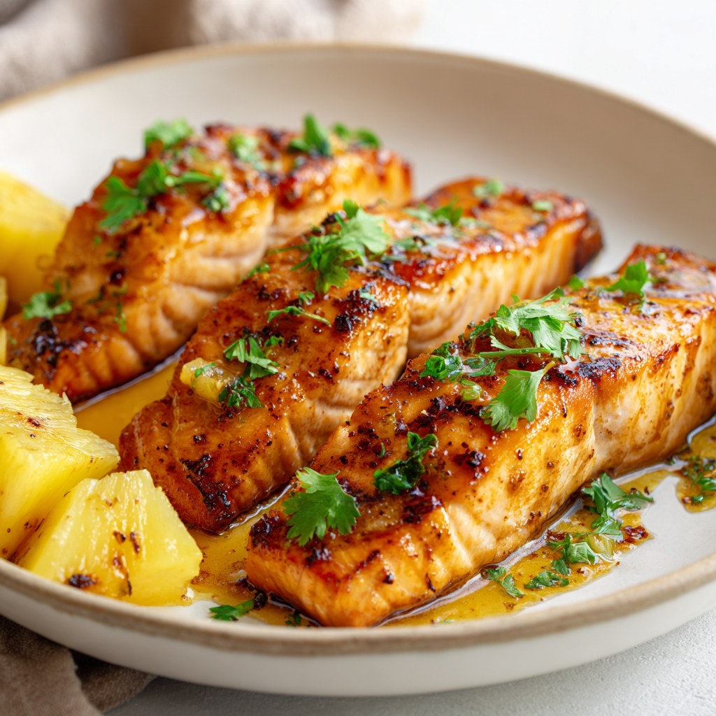 A plate of salmon with honey and pineapple.