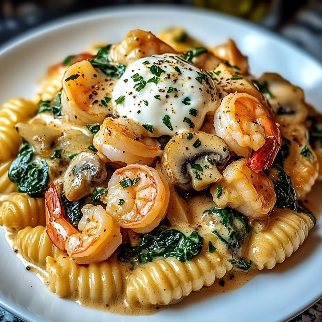 A plate of food with shrimp, spinach, mushrooms and a fried egg on top.