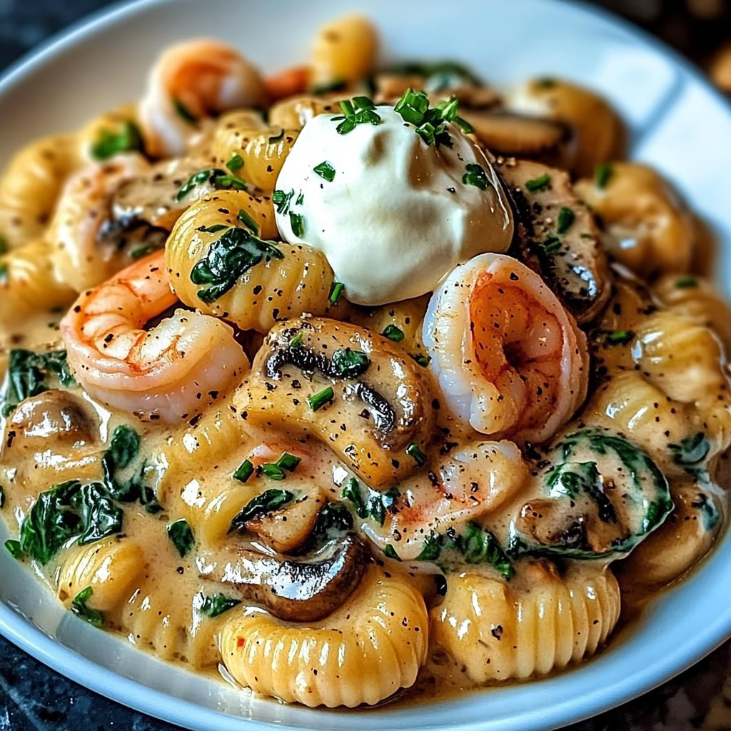 A bowl of creamy spinach mushroom shrimp shells.