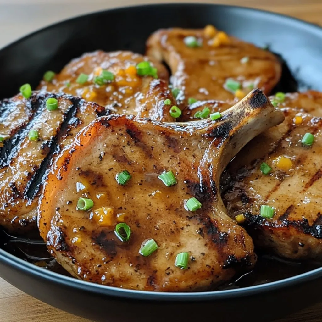 A plate of grilled pork chops with a spicy peach glaze.