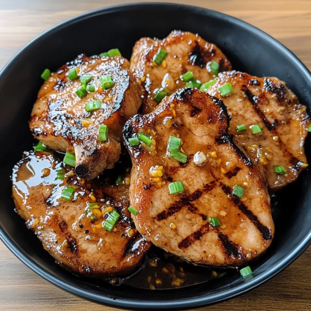A bowl of grilled pork chops with peach glaze.