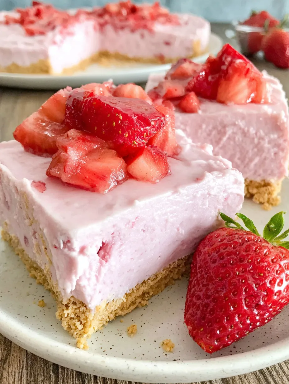 A slice of no bake strawberry cheesecake bars.