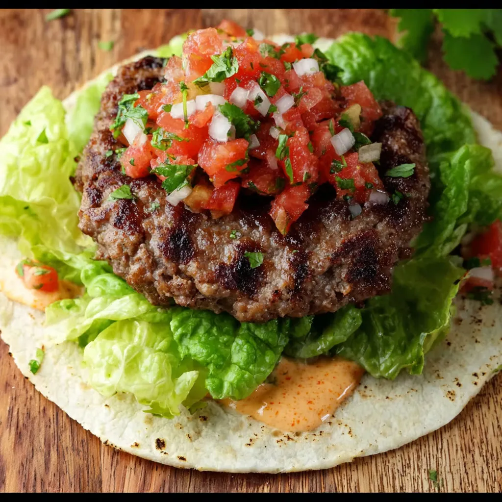 A tasty quesadilla burger melts on a wooden table.
