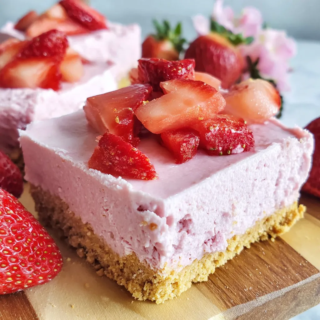 A slice of no bake strawberry cheesecake bars.