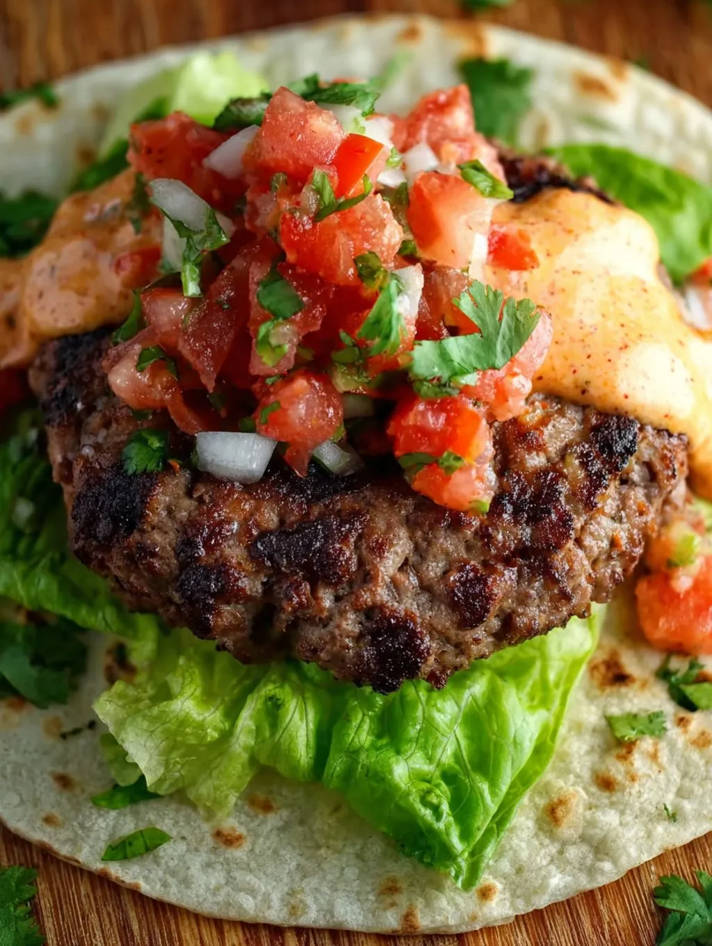 A delicious quesadilla burger with lettuce and tomatoes.