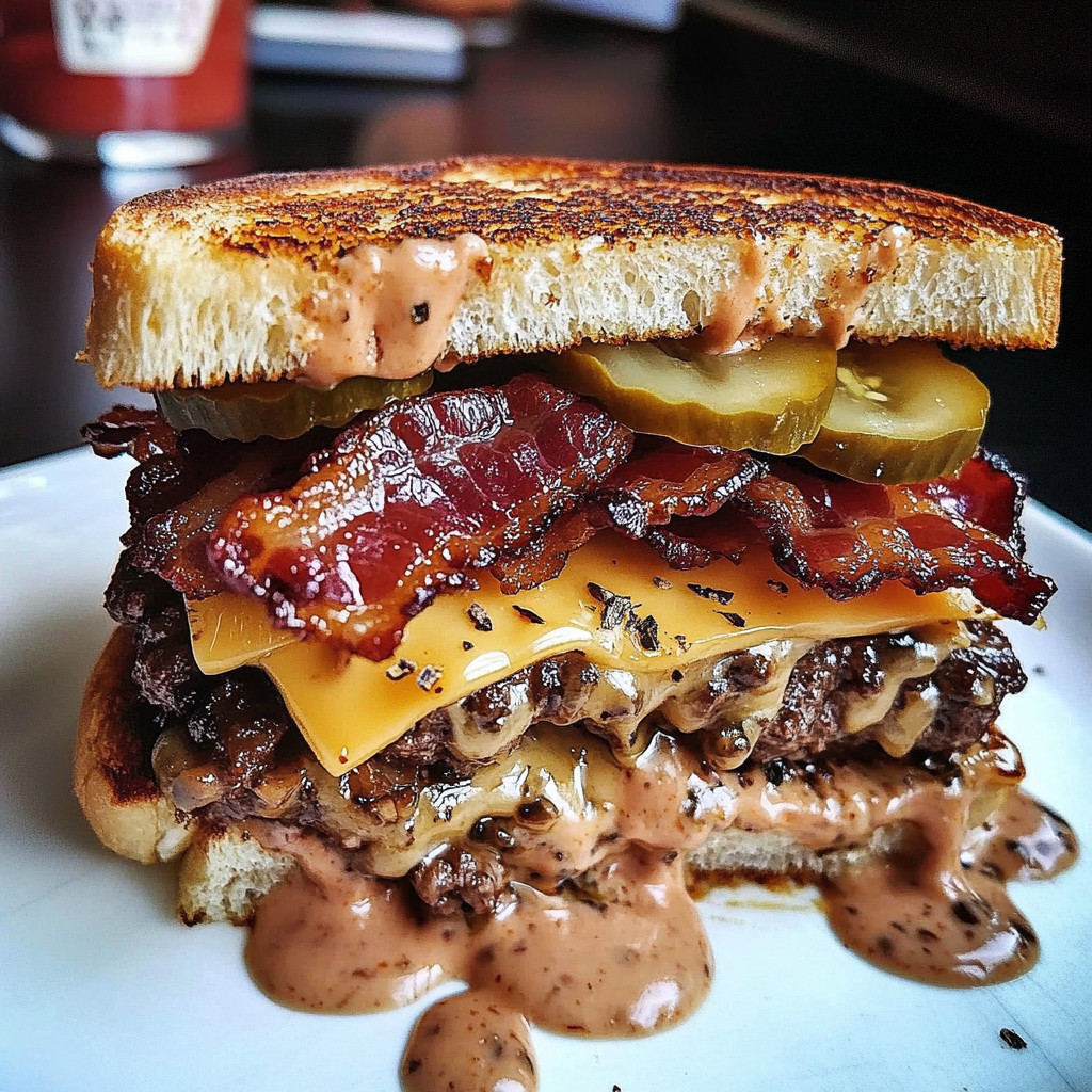 A bacon cheeseburger with pickles and mustard.