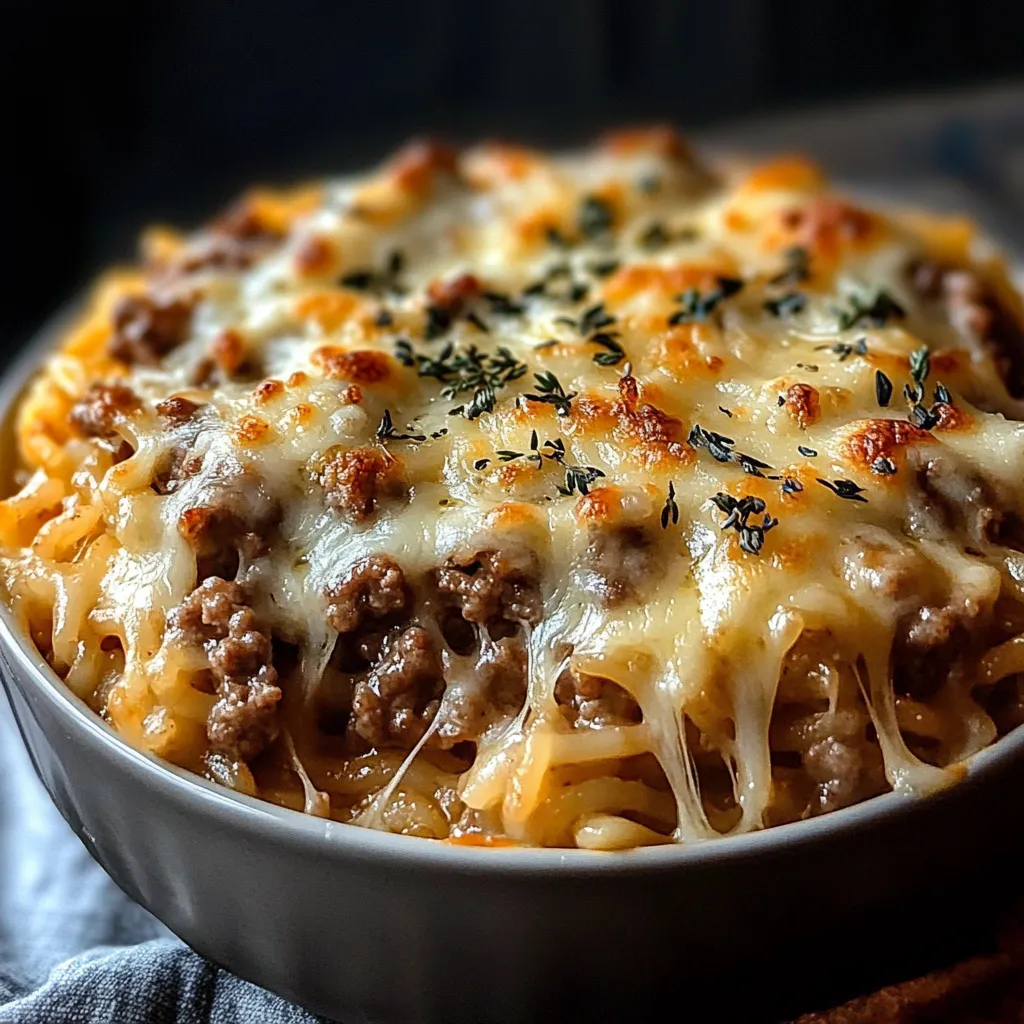 A bowl of French Onion Beef Rice Casserole.