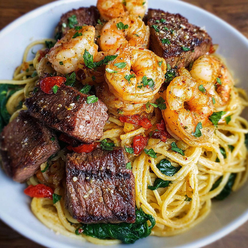 A plate of food with shrimp, meat, and noodles.