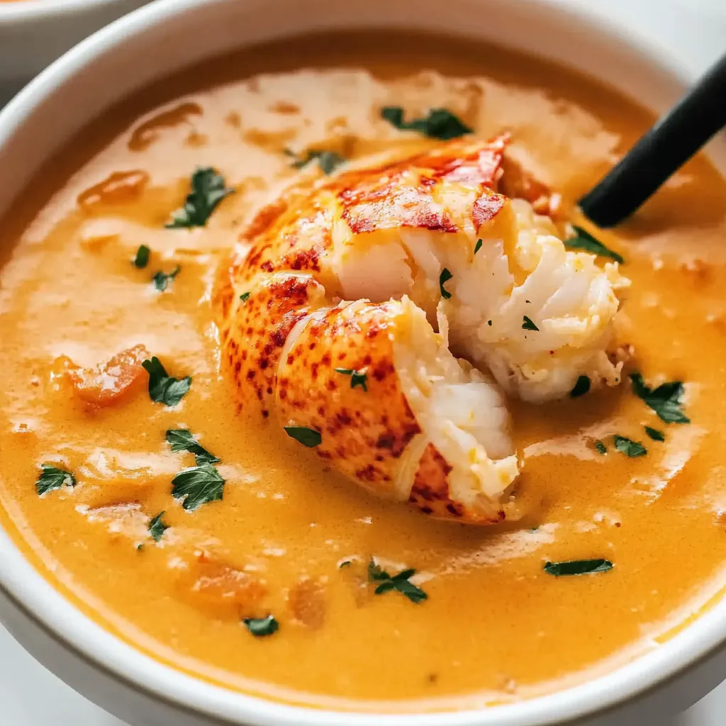 A bowl of lobster bisque with a spoon in it.