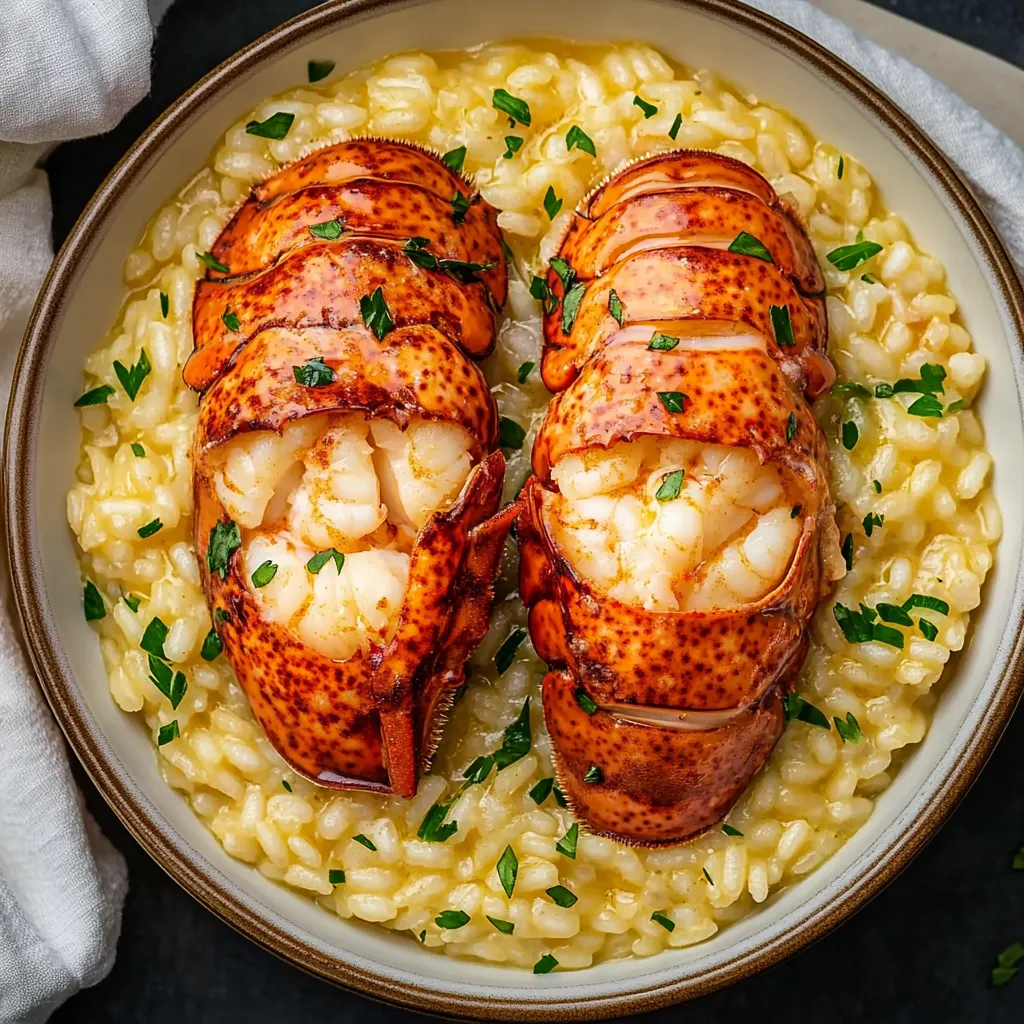 A bowl of lobster risotto with green herbs.