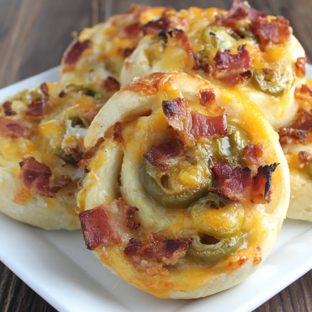 Three pieces of spicy bacon and cheese pinwheels on a plate.