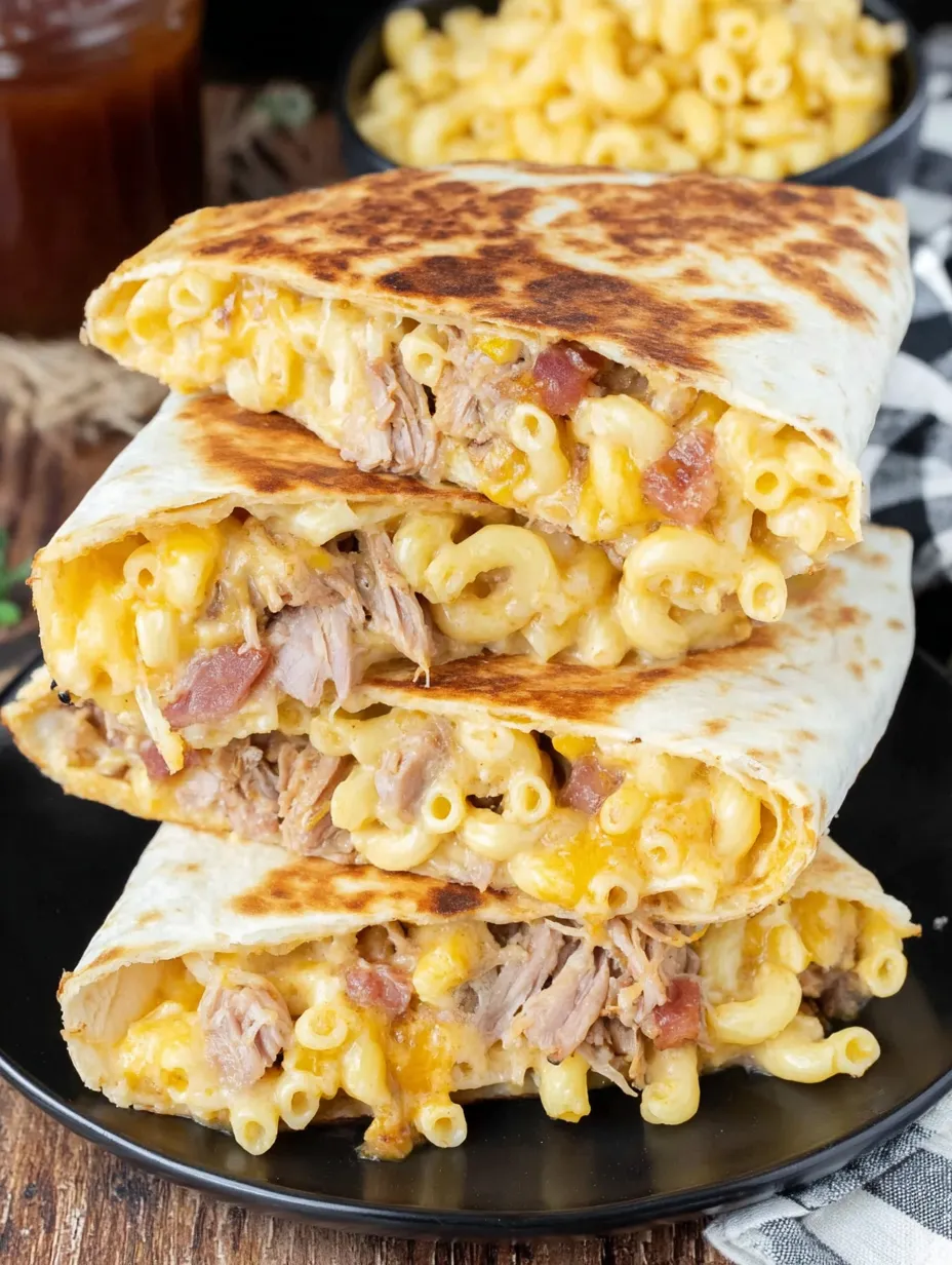 A stack of three tortilla wraps filled with macaroni and cheese.