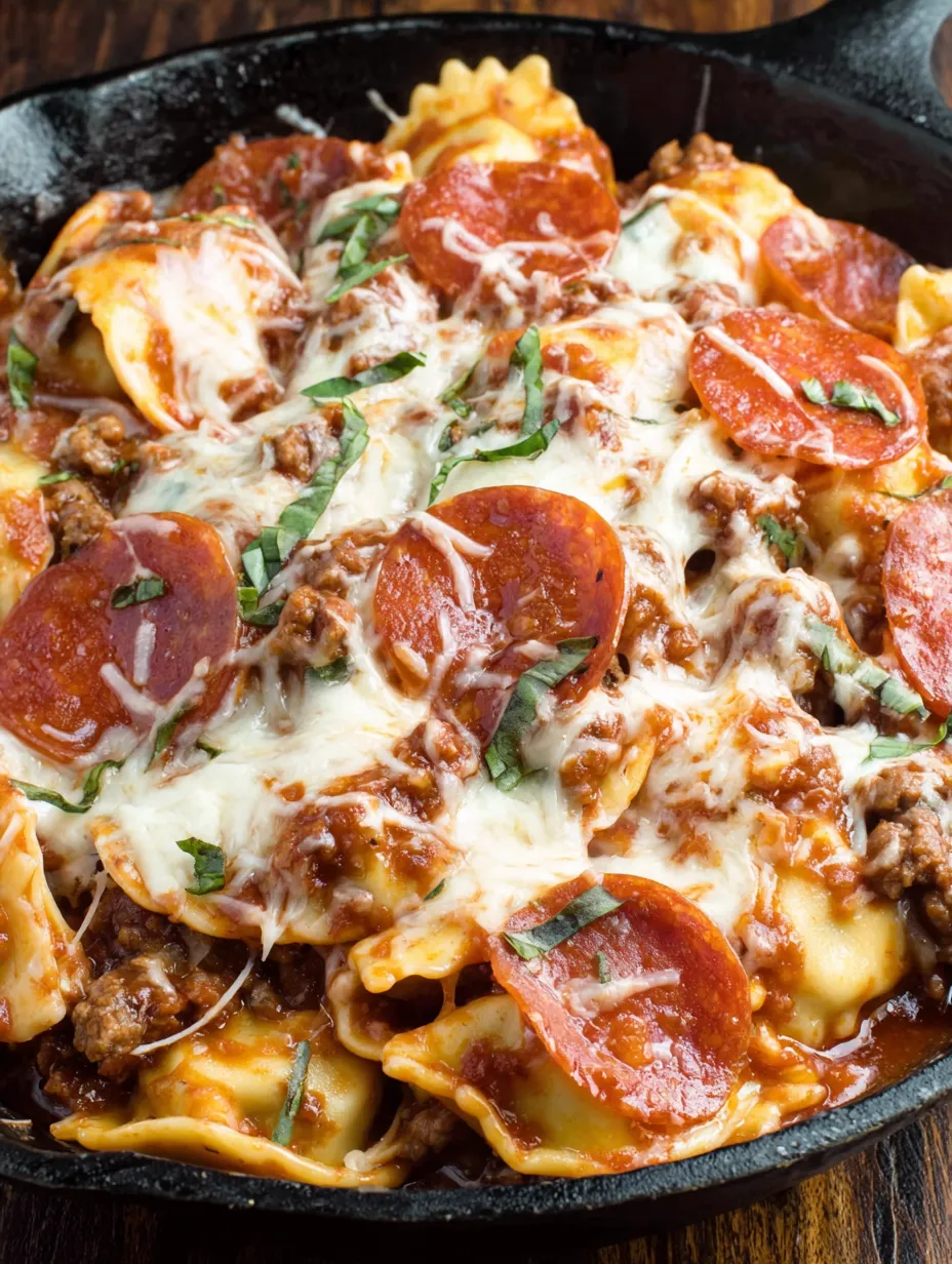 A skillet filled with meat lover's pizza ravioli.